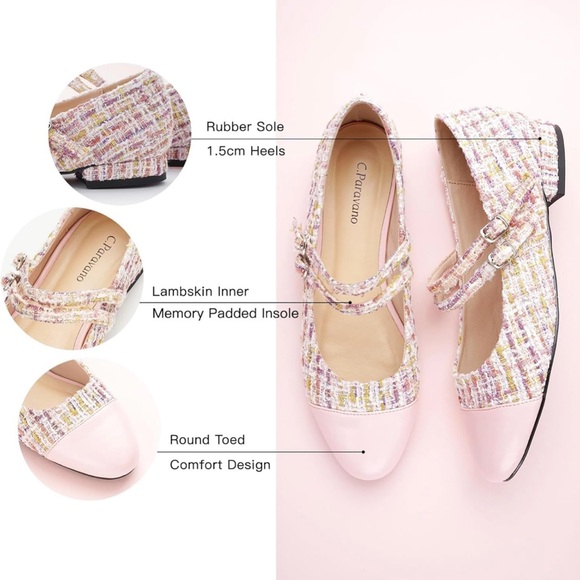 C. Paravano Women's Mary Jane’s Pink Leather Tweed Ballet Flats MADE IN ITALY - Picture 4 of 5